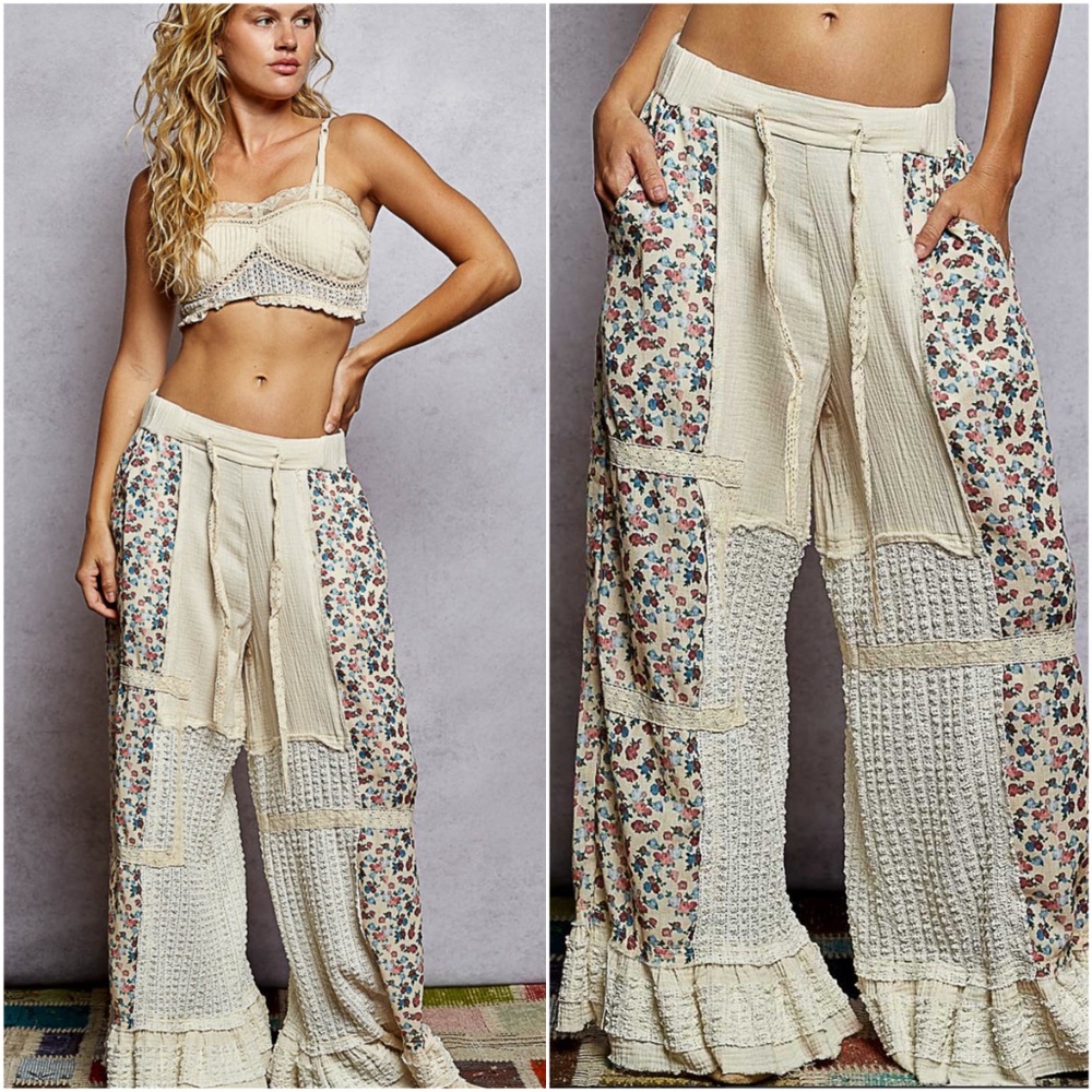 POL Cream Patchwork Wide-Leg Pants with Floral Panels - Picture 1 of 4